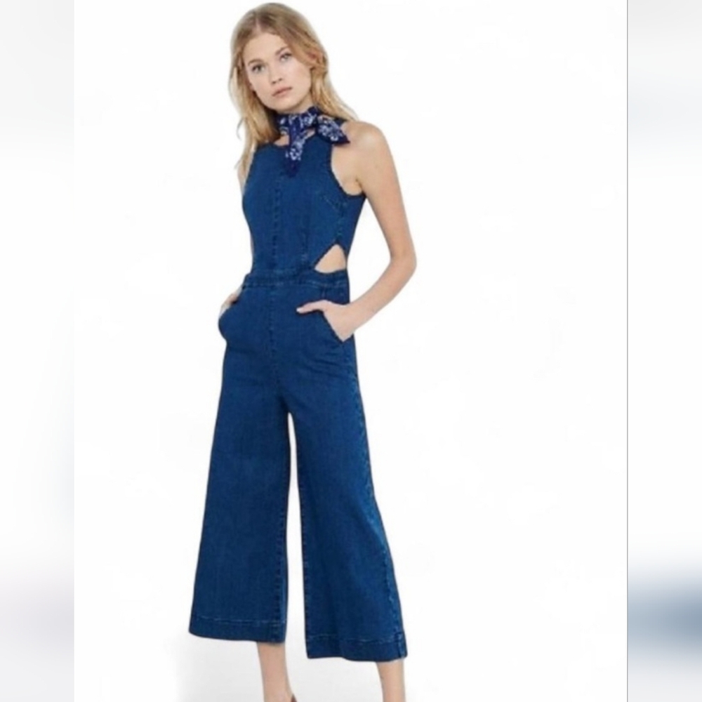 Express wide leg denim cutout jumpsuit
